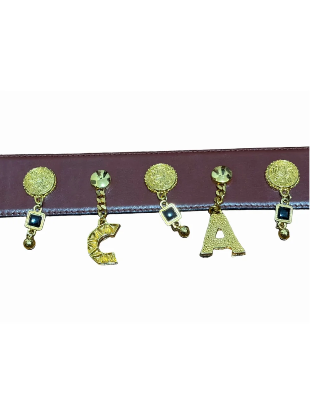 Vintage Escada Brown Leather Belt Gold Letter Charms Buckle Sz 36 Germany